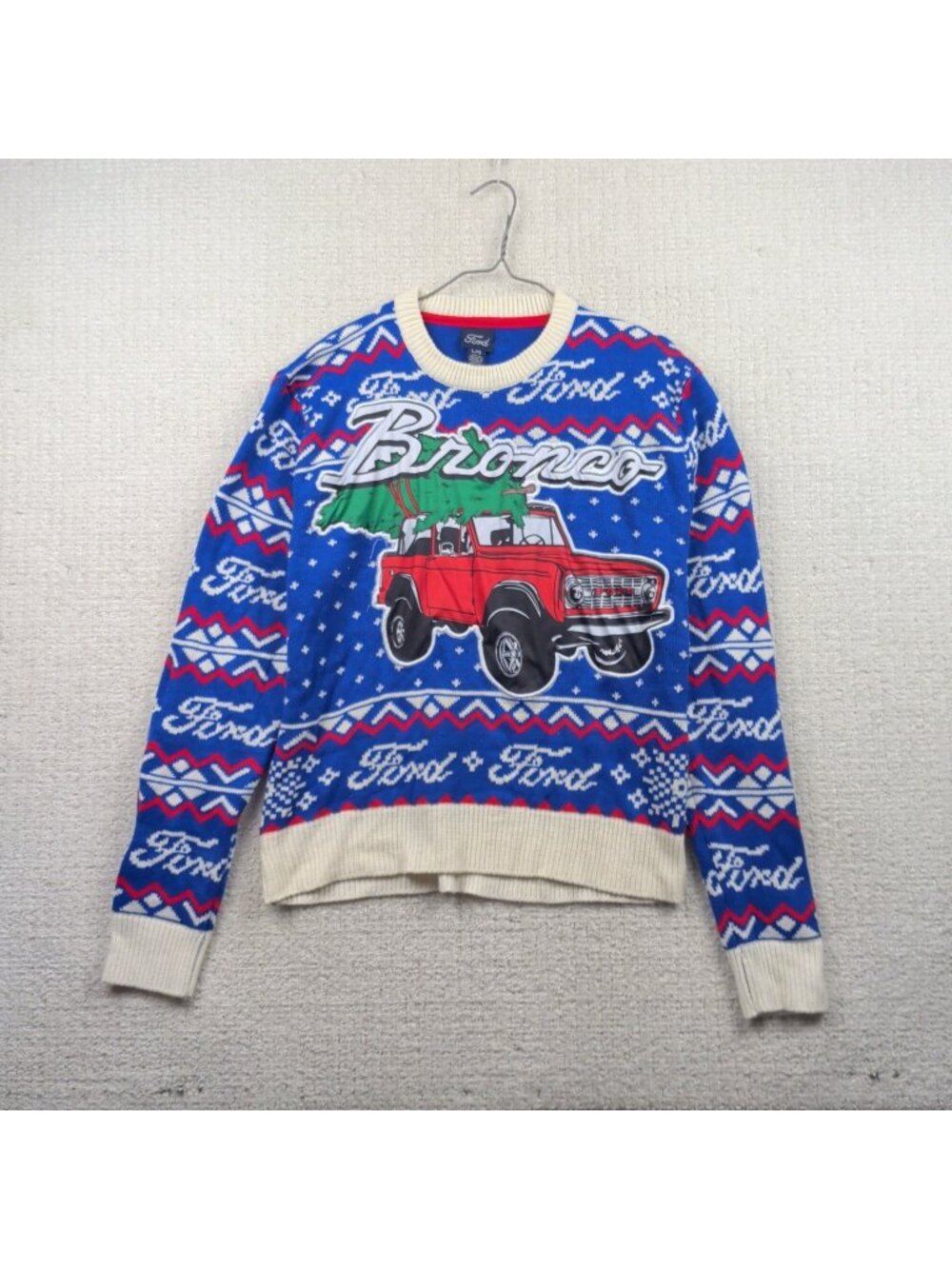 Ford Bronco Holiday Christmas Ugly Sweater Blue Fair Isle Knit Sz L Car Truck
